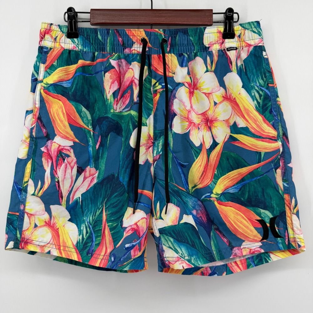 Hurley Swim Trunks Mens XL Blue Tropical Floral Bird of Paradise Board Shorts